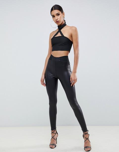 Leggings De Efecto Cuero Con Cinturilla Estrecha Elástica De Asos Design-negro