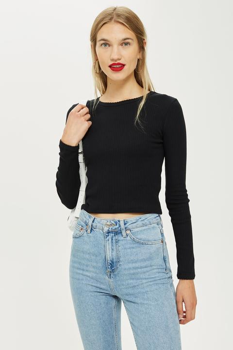 Womens Petite Long Sleeve Scallop Top - Black, Black