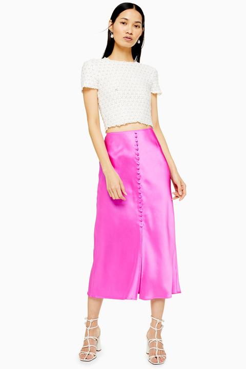 Womens Pink Button Through Satin Bias Skirt - Pink, Pink