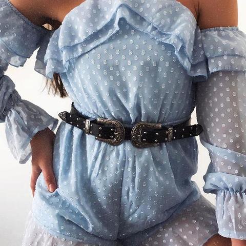 Blue Dobby Fabric Frill Detail Cold Shoulder Playsuit