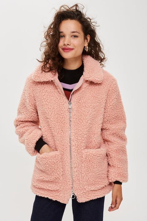 Womens Zip Up Borg Jacket - Pink, Pink