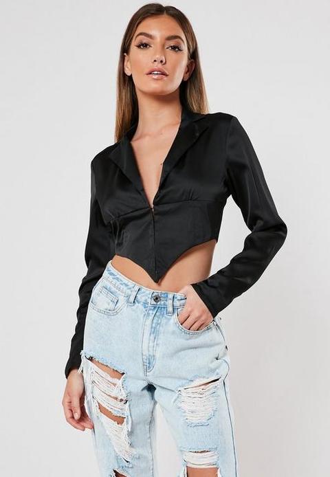 Black Satin Corset Cropped Shirt, Black