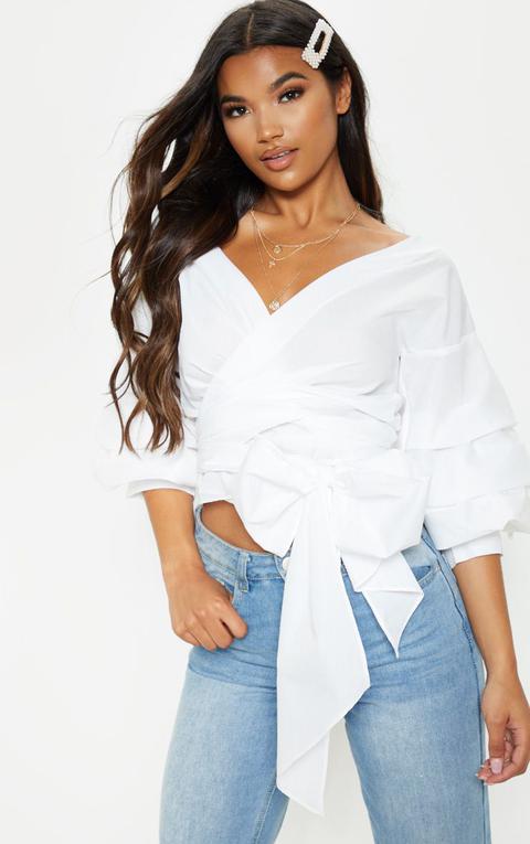 Marlow White Oversized Ruffle Sleeve Low Shoulder Shirt, White