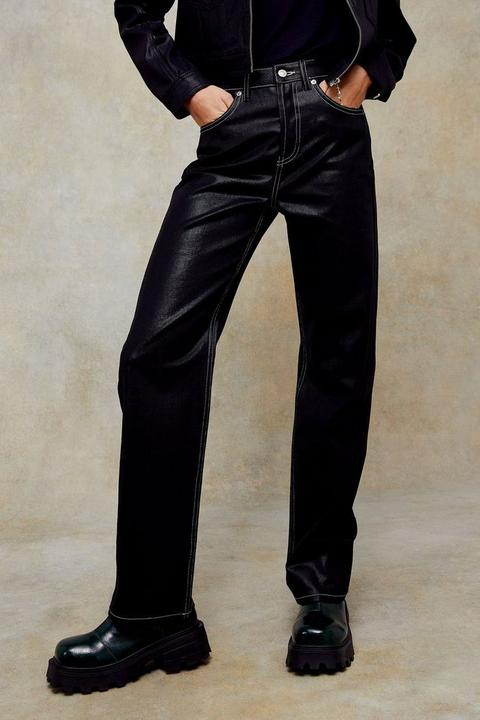 Black Coated Leather Look 90s Straight Jeans