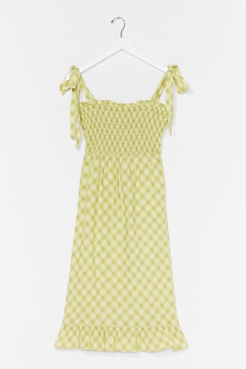 Womens Check Shirred Tie Strap Midi Dress
