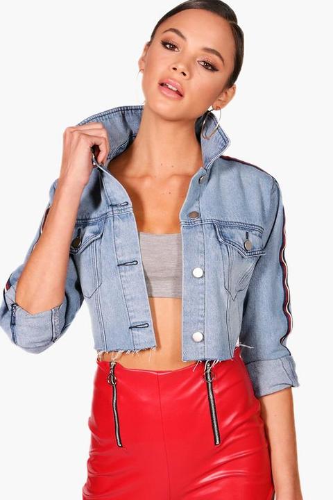 Sports Stripe Tape Cut Off Denim Jacket