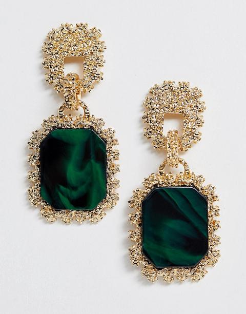 Asos Design Drop Earrings With Textured Metal And Resin Stones-green