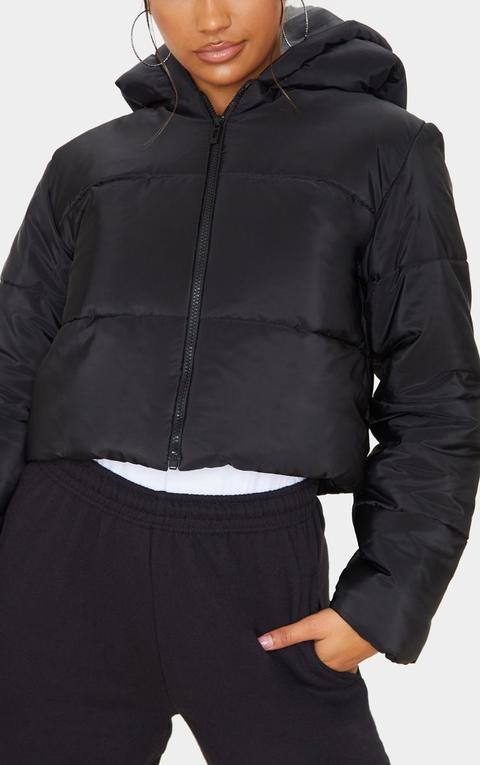 black hooded cropped puffer jacket