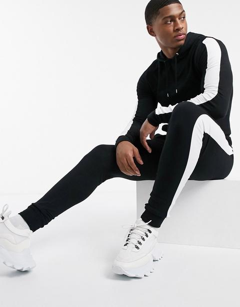 Chándal De Sudadera Con Capucha Ajustada Y Joggers Muy Ajustados En Negro Con Raya Lateral De Asos Design