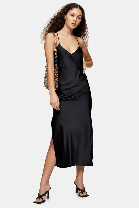 Womens Black Cowl Back Satin Slip Dress - Black, Black