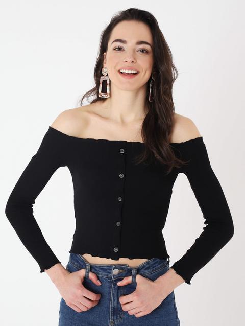 T-shirt Off The Shoulder Con Bottoni Nero