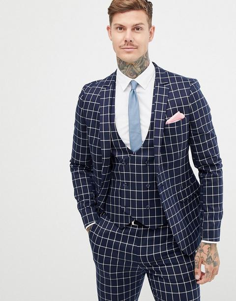 Asos Design Wedding Super Skinny Blazer In Navy Grid Check - Navy