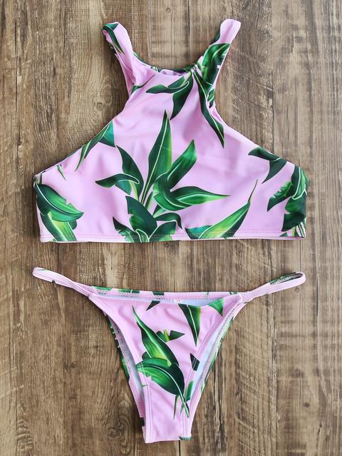 Set Bikini Con Estampado De Hoja Rosa