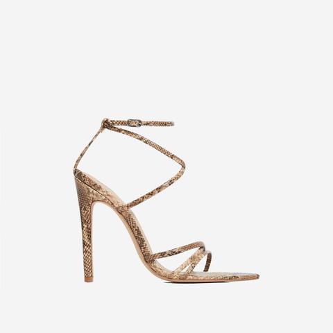 Kaia Pointed Barely There Heel In Nude Snake Print Faux Leather, Nude