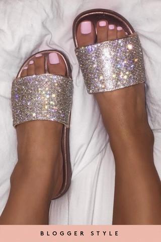 Unicorn Champagne Diamante Strap Sliders