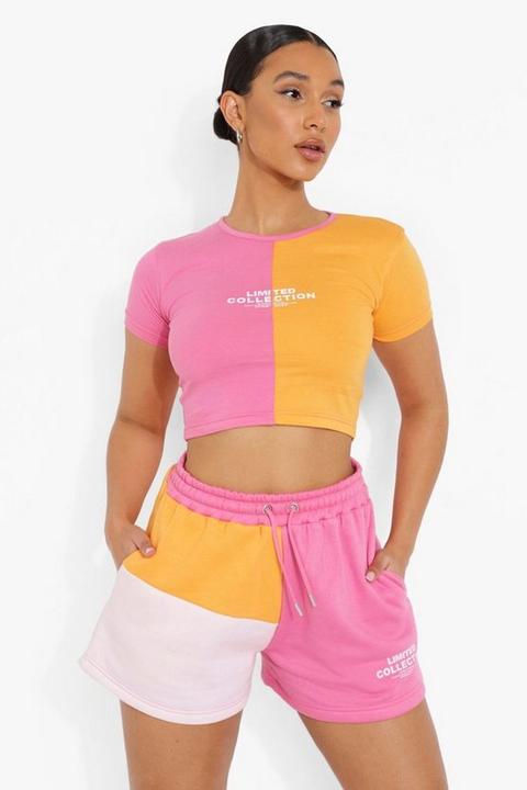 Womens Colour Block T-shirt Short Set - Pink - Xl, Pink