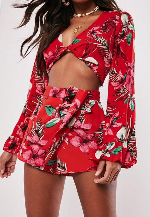 Petite Red Tropical Wrap Over Skort, Red