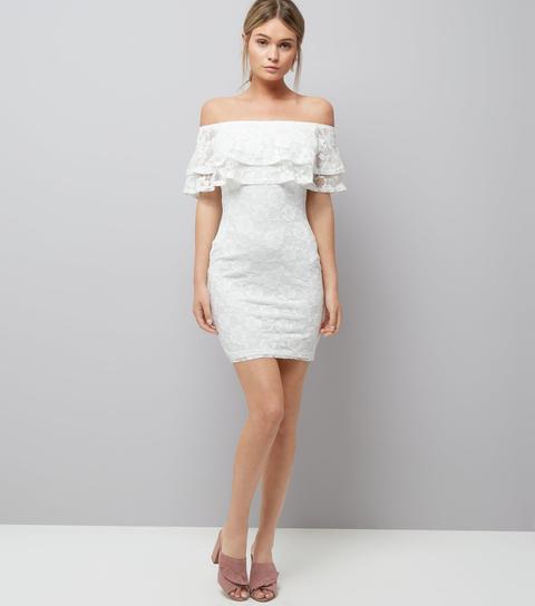 Cream Lace Bardot Neck Bodycon Dress