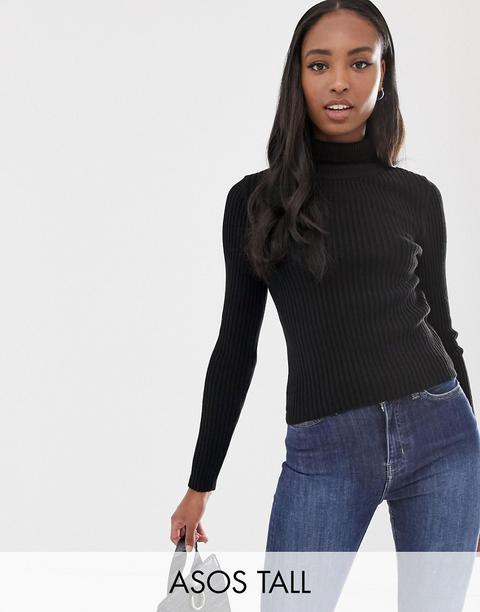 Asos Design Tall - Maglione Skinny A Coste Con Collo Alto - Nero