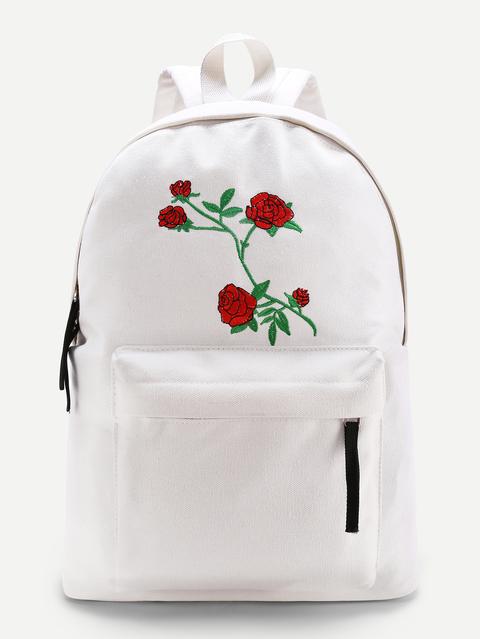 Flower Embroidery Zipper Front Canvas Backpack