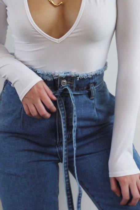 Dark Blue Paperbag Waist Denim Jeans