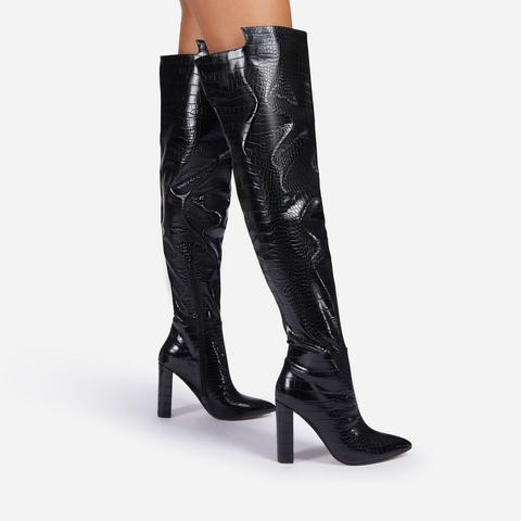 Visionary Block Heel Over The Knee Thigh High Long Boot In Black Croc Print Patent, Black