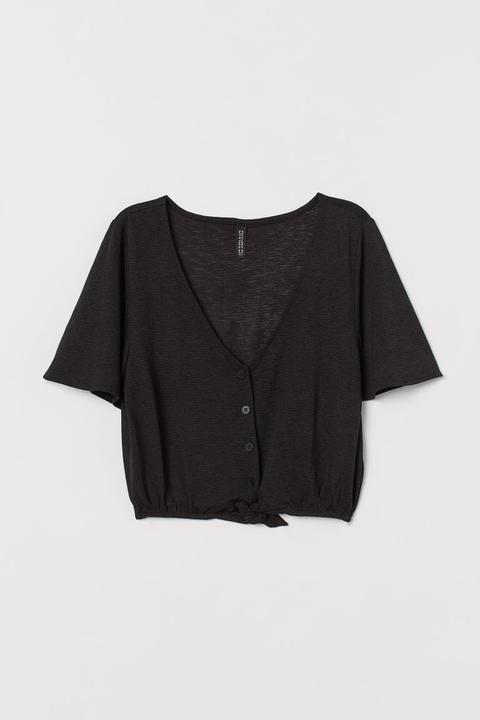 Cropped Tie-hem Top - Black