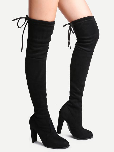 Black Suede Point Toe Lace Up Over The Knee Boots