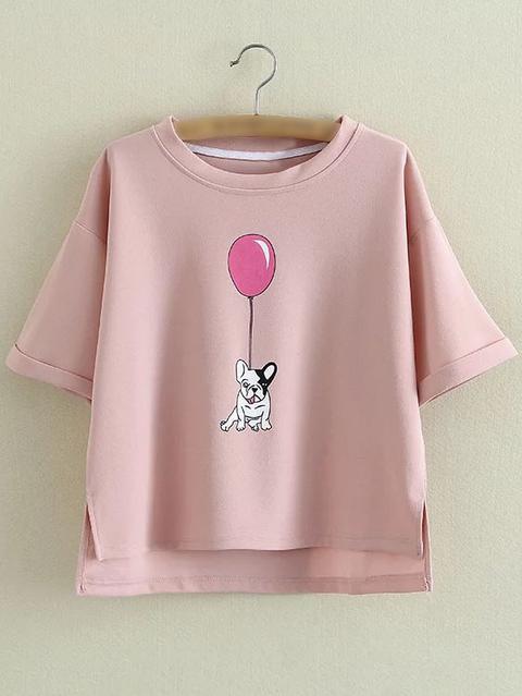 Pink Roll Cuff Dipped Hem Dog Balloon Printing T-shirt