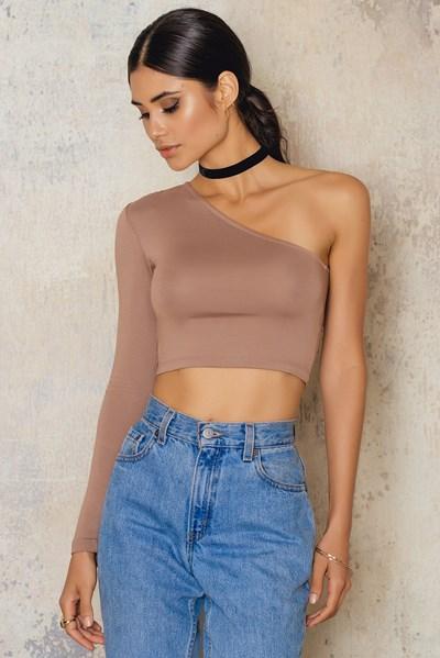 Na-kd Basic One Shoulder Cropped Jersey Top - Brown,beige