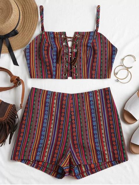 Conjunto De Shorts Lace Up Cami Multi