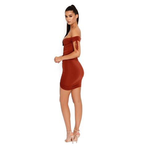 Pull On My Heartstrings Ruched Bardot Mini Dress In Rust