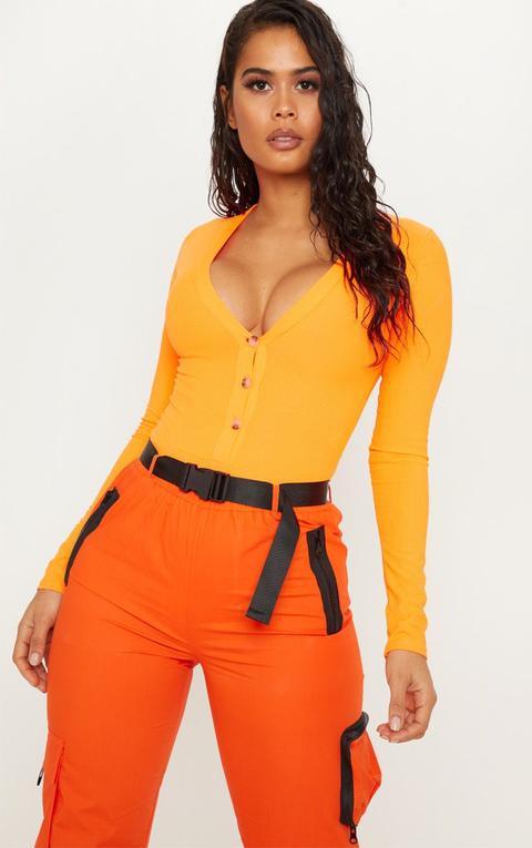 Neon Orange Long Sleeve Button Detail Bodysuit