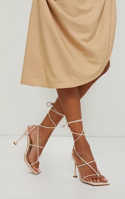 Beige Square Toe Strappy Lace Up Toe Thong High Heels Sandals