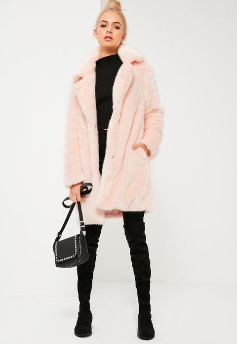 Pink Oversized Collar Faux Fur Coat