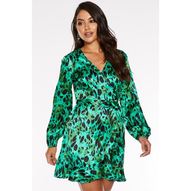 Green Satin Leopard Print Wrap Dress from Quiz on 21 Buttons
