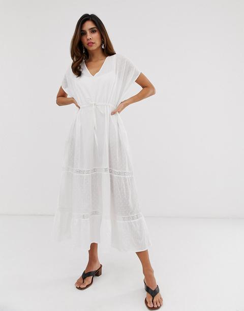 Vila Embroidered Cotton Kaftan Dress-white