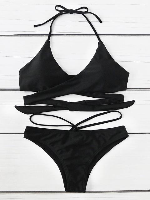 Wrap Cross Halter Top With Strappy Bikini Set