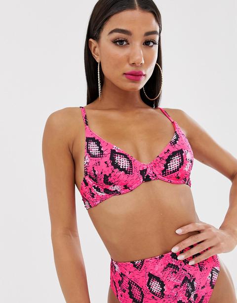 Asos Design Mix And Match Underwired Bikini Top In Pink Neon Snake Print