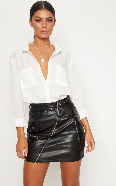 Black Faux Leather Biker Belted Mini Skirt, Black