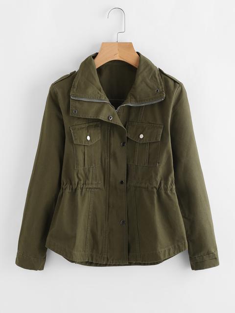 Drawstring Waist Epaulet Military Jacket