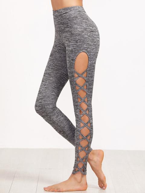 Grey Marled Knit Cutout Lattice Detail Leggings