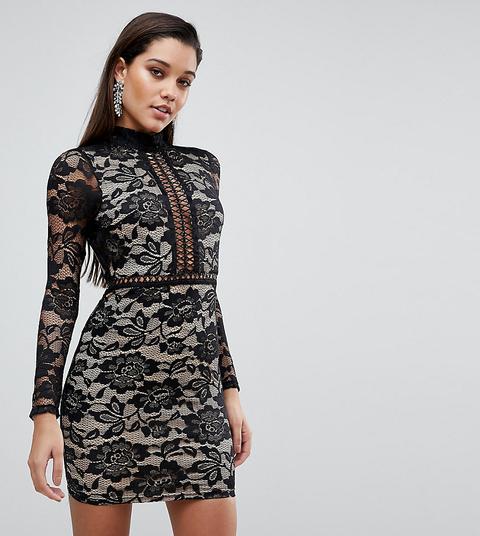 Prettylittlething - Vestitino In Pizzo Con Collo Alto - Nero