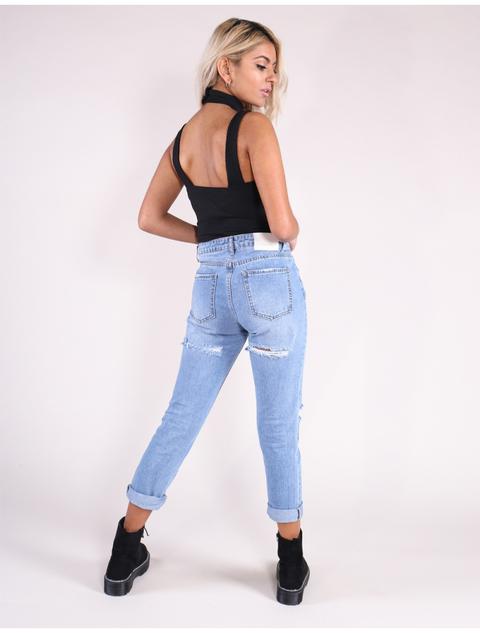 Blue High Waisted Mom Jeans With Rip Bum Detail