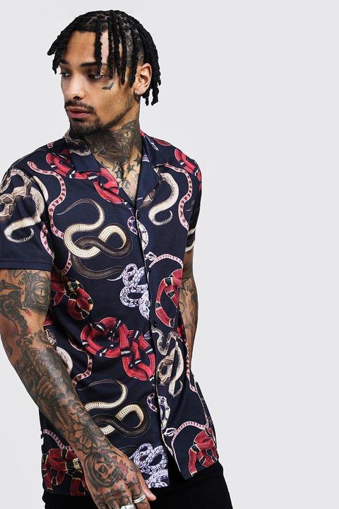 Snake Print Short Sleeve Revere Jersey Shirt