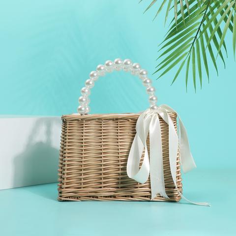 Faux Pearl Decor Straw Bag