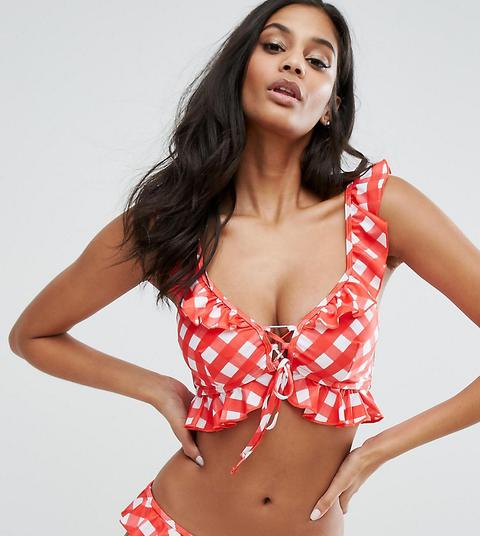 Top De Bikini De Vichy Con Volante En Copa E-g Exclusivo De Asos Fuller Bust