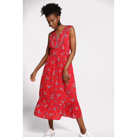 Robe Midi Évasée À Liserés Rouge Femme