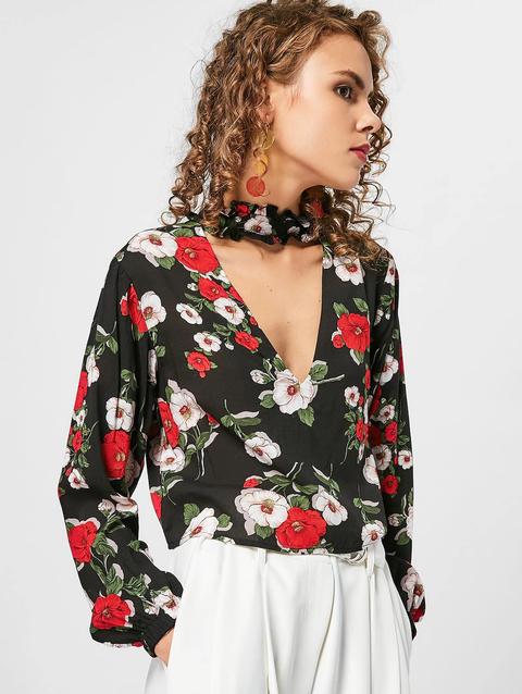 Blouse Fiore Bloccato Camoscio Choker Floral