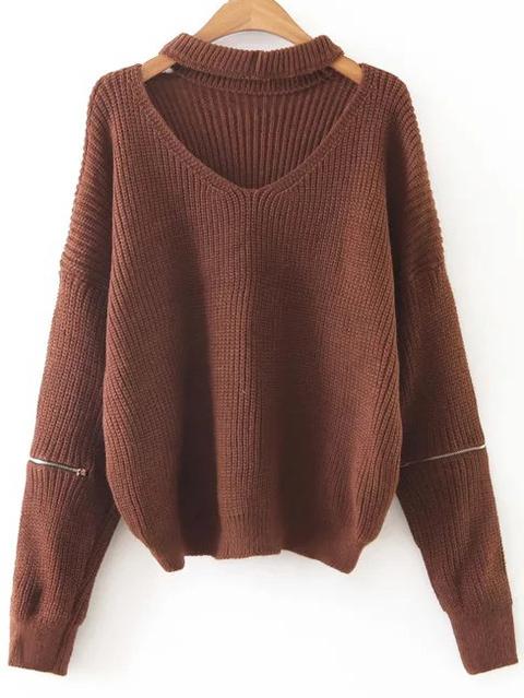 Maglione Scollo V Cerniera Su Maniche - Caffè